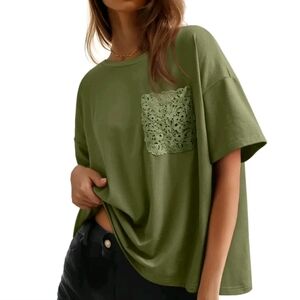 Women's Olive Green Short Sleeve Tee with Lace Pocket